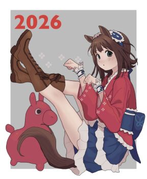 1girl 2026 8_8ghost amami_haruka animal_ears blue_skirt boots border brown_boots brown_hair chinese_zodiac commentary_request frilled_skirt frills from_side full_body green_eyes grey_background hands_up highres horse_ears horse_tail idolmaster idolmaster_(classic) idolmaster_sp japanese_clothes kemonomimi_mode kimono korean_commentary legs_up looking_at_viewer looking_to_the_side maid_headdress official_alternate_costume outside_border paw_pose red_kimono short_hair simple_background sitting skirt solo tail white_border year_of_the_horse yukata_maid_(idolmaster)