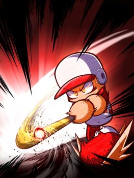 1boy asouuuu ball baseball_(object) baseball_bat baseball_helmet baseball_uniform commentary_request eye_trail flaming_eyes hat helmet holding holding_baseball_bat jikkyou_powerful_pro_yakyuu jikkyou_powerful_pro_yakyuu_(style) light_trail motion_lines multicolored_hat multicolored_shoes no_mouth playing_sports power_pro_kun rayman_limbs red_hat red_shoes shirt shoes solo sportswear sweatdrop swinging_baseball_bat two-tone_shoes white_hat white_shirt white_shoes