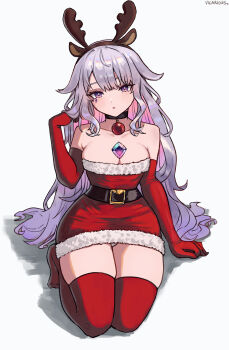 1girl absurdres alternate_costume black_choker breasts chest_jewel choker cleavage colored_inner_hair dress elbow_gloves fur-trimmed_dress fur_trim gloves grey_hair hair_flaps highres hololive hololive_english jewel_under_eye koseki_bijou long_hair looking_at_viewer medium_breasts multicolored_hair pink_hair purple_eyes red_gloves red_thighhighs santa_costume santa_dress sidelocks solo thighhighs very_long_hair vicarious virtual_youtuber