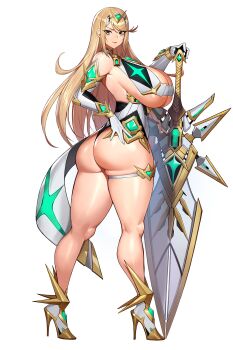1girl aegis_sword_(xenoblade) ass bare_shoulders blonde_hair breasts chest_jewel cleavage cleavage_cutout clothing_cutout core_crystal_(xenoblade) curvy dress earrings elbow_gloves floating_earrings full_body gem gloves gurimjang hand_on_hilt headpiece high_heels highres huge_ass huge_breasts jewelry kneepits large_breasts long_hair looking_at_viewer microdress mythra_(xenoblade) smile solo swept_bangs thick_thighs thighs tiara twisted_torso underboob very_long_hair weapon xenoblade_chronicles_(series) xenoblade_chronicles_2 yellow_eyes