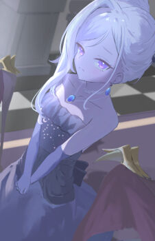 absurdres blue_archive breasts demon_girl demon_horns demon_wings dress earrings elbow_gloves gloves highres hina_(blue_archive) hina_(dress)_(blue_archive) horns indoors jewelry long_hair looking_at_viewer low_wings mochachino necklace pendant purple_dress purple_eyes purple_gloves small_breasts white_hair wings