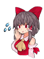 Rule 34 | 1girl, ascot, blush, bow, breasts, brown hair, collared shirt, commentary request, cookie (touhou), cropped torso, detached sleeves, flying sweatdrops, frilled hair tubes, frills, hair bow, hair tubes, hakurei reimu, hand up, kanakamei1, looking at viewer, medium bangs, medium breasts, medium hair, open mouth, red bow, red eyes, red shirt, reu (cookie), ribbon-trimmed sleeves, ribbon trim, sarashi, shirt, sidelocks, simple background, sleeveless, sleeveless shirt, smile, solo, touhou, upper body, white background, white sleeves, yellow ascot