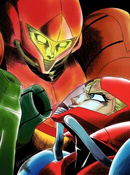 1girl 1other absurdres arm_cannon armor black_background blank_eyes blonde_hair blue_eyes clenched_teeth commentary english_commentary eyelashes face-to-face fusion_suit hatching_(texture) helmet highres jojo_no_kimyou_na_bouken_(style) jojo_pose metroid metroid_fusion nintendo pauldrons power_armor power_suit_(metroid) red_helmet sa-x samus_aran shoulder_armor shoyinken teeth twitter_username varia_suit weapon