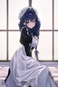 1girl absurdres apron black_dress blue_eyes blue_hair blurry blurry_background blush breasts commentary dress highres hololive hololive_english i.ryuu_z long_hair maid maid_headdress ouro_kronii parted_lips smile solo symbol-only_commentary virtual_youtuber white_apron