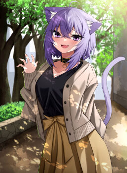 1girl absurdres alternate_costume animal_ears arm_behind_back black_shirt blush brown_jacket brown_skirt cat_ears cat_girl cat_tail commentary_request fang highres hololive jacket nekomata_okayu outdoors purple_eyes purple_hair shirt skin_fang skirt smile solo tail tenpa_illust tree virtual_youtuber waving