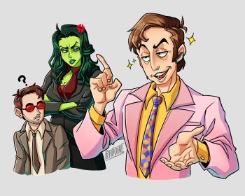 1girl 2boys anger_vein artist_name beard_stubble better_call_saul black_jacket breaking_bad brown_hair collared_shirt colored_skin crossed_arms crossover daredevil daredevil_(netflix) facial_hair green_hair green_lips green_skin grey_background grey_jacket highres hulk_(series) jacket long_hair marvel matt_murdock multicolored_necktie multiple_boys necktie open_clothes open_jacket open_mouth percodine pink_jacket red-tinted_eyewear red_shirt saul_goodman she-hulk she-hulk_(disney+) shirt short_hair simple_background stubble tinted_eyewear trait_connection white_shirt yellow_shirt