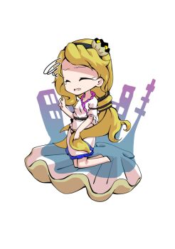 1girl barefoot blonde_hair breasts chibi chibi_only clam closed_eyes commentary_request dairi dress frilled_dress frilled_sleeves frills full_body hand_up kneeling large_variant_set long_hair short_sleeves side_slit simple_background solo tachi-e touhou transparent_background variant_set very_long_hair watari_nina white_dress