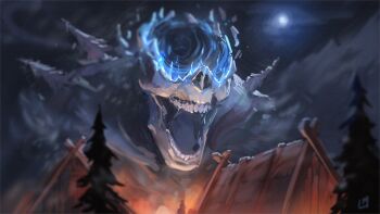 Rule 34 | bohrokki, broken skull, conifer, highres, house, monster, monster focus, moon, open mouth, original, skull, teeth, tree on back