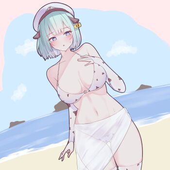 Rule 34 | 1girl, animal ears, animal print, beach, bikini, bikini skirt, blue eyes, blue hair, blush, breasts, bridal gauntlets, commentary, cow ears, cow print, cow print bikini, cow print bridal gauntlets, cowboy shot, day, double-parted bangs, dutch angle, ear tag, facing viewer, fake animal ears, gluteal fold, hand on own chest, hat, highres, indie virtual youtuber, large breasts, looking to the side, navel, ocean, open mouth, outdoors, peaked cap, pink pupils, print bikini, print bridal gauntlets, rapid17, see-through clothes, see-through skirt, short hair, skirt, solo, stomach, sweat, swimsuit, thighs, virtual youtuber, white hat, yangdoki