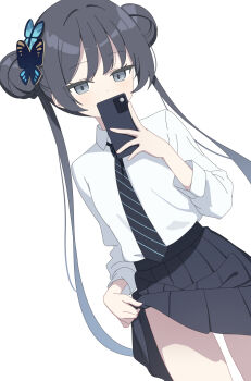 Rule 34 | 1girl, alternate costume, black hair, black necktie, black skirt, blue archive, blush, collared shirt, double bun, foulo paints, grey eyes, hair bun, halo, highres, holding own skirt, kisaki (blue archive), kisaki (school uniform) (blue archive), long hair, necktie, pleated skirt, school uniform, shirt, simple background, skirt, solo, standing, twintails, white background, white shirt