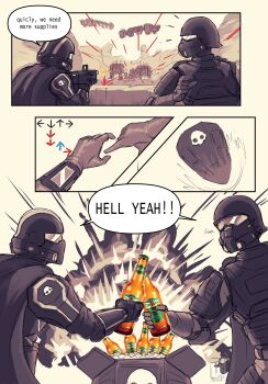 2others absurdres armor artist_name assault_rifle automaton_(helldivers) battle beer_bottle bottle breastplate cape cerveza_cristal commentary drop_pod dropship el_trenuk english_commentary english_text explosion full_armor gameplay_mechanics gas_mask gloves gun helldivers_(series) helmet highres holding holding_bottle holding_weapon hulk_(helldivers) mask multiple_others outdoors rifle shared_speech_bubble speech_bubble weapon wrist_computer