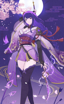 1girl absurdres asymmetrical_sleeves black_panties blunt_bangs braid branch breasts bridal_gauntlets cherry_blossoms cleavage clothing_cutout commentary_request electricity engulfing_lightning_(genshin_impact) euglena_volvox falling_petals genshin_impact glowing gradient_background hair_ornament highres holding holding_weapon japanese_clothes kimono large_breasts long_braid long_hair looking_at_viewer mitsudomoe_(shape) neck_ribbon off_shoulder outdoors over_shoulder panties petals pink_petals purple_background purple_eyes purple_hair purple_kimono purple_thighhighs raiden_shogun red_ribbon red_sash ribbon sash shoulder_cutout single_braid solo standing thighhighs tomoe_(symbol) tree underwear uneven_sleeves upper_body weapon weapon_over_shoulder wide_sleeves