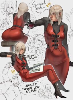 1boy 2girls 50gryvnia ass bar_stool black_gloves black_shirt blonde_hair blue_eyes dante_(devil_may_cry) devil_may_cry_(anime) devil_may_cry_(series) genderswap genderswap_(mtf) gloves highres long_skirt multiple_girls patty_lowell red_vest shirt simple_background sitting skirt stool vest