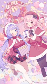 2girls balloon bell black_gloves black_pantyhose blue_archive blue_eyes blush bow breasts candle candy candy_cane capelet christmas christmas_wreath commentary_request company_name copyright_notice fang food fur-trimmed_capelet fur_trim gift gloves hair_bun hair_ornament hairclip halo hanae_(blue_archive) hanae_(christmas)_(blue_archive) hat heart heart_hair_ornament highres holding holding_gift long_hair medium_breasts medium_hair mittens multi-source_commentary multiple_girls nehan_(gedatsu_nehan) official_art one_eye_closed open_mouth pantyhose pink_eyes pink_hair pink_halo plaid_clothes plaid_skirt pom_pom_(clothes) purple_hair red_mittens red_sweater santa_hat serina_(blue_archive) serina_(christmas)_(blue_archive) single_hair_bun skin_fang skirt snowflakes stuffed_animal stuffed_toy sweater teddy_bear turtleneck turtleneck_sweater twintails white_pantyhose wrapped_candy wreath yellow_halo