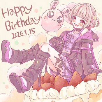 1girl 1me7nkc :3 arm_belt balloon bat_necklace belt belt_buckle black_belt black_collar black_jacket black_leg_warmers black_straps blunt_bangs blush buckle cake chain chain_necklace clothes_writing collar colored_inner_hair commentary_request crop_top cross-laced_clothes cross-laced_top debitto_(makaino_ririmu) earclip flame_print food food_print from_side fruit_print full_body grey_hair hair_intakes hair_ornament happy_birthday heart heart_balloon heart_print highres holding holding_balloon jacket jewelry knees_up leg_belt leg_tattoo leg_warmers lightning_bolt_print looking_at_viewer loose_belt makaino_ririmu makaino_ririmu_(6th_costume) midriff miniskirt multicolored_hair navel necklace nijisanji no_headwear o-ring_collar on_food open_clothes open_jacket open_mouth oversized_food oversized_object pendant pink_belt pink_hair pink_jacket pink_shoes pink_skirt pink_streaks plaid_clothes plaid_skirt pleated_skirt pocket pointy_ears rabbit_balloon red_eyes shoes short_hair sitting skirt sleeves_past_fingers sleeves_past_wrists smile solo spiked_collar spikes star_(symbol) star_hair_ornament strawberry_cake strawberry_print streaked_hair tattoo thigh_strap two-sided_fabric two-sided_jacket two-tone_hair two_side_up unbuttoned unzipped virtual_youtuber winged_heart winged_heart_tattoo wolf_cut yellow_background zipper_top