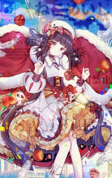 1girl animated animated_gif ankle_socks apple barcode barcode_tattoo belt belt_buckle beret bird blue_skirt blue_sky blunt_bangs boqing_xiao_guafu braid brown_eyes brown_hair buckle cape chinese_commentary choker cityscape closed_mouth cloud cloudy_sky collared_dress commentary_request commission corset criss-cross_straps dated day detached_sleeves dove dress expressionless feet_out_of_frame floating_cape floating_clothes flower food frilled_skirt frills fruit fur-trimmed_cape fur_trim glowing grey_corset hair_ribbon hat hat_pin head_tilt highres light_blush light_particles long_hair long_sleeves looping_animation multiple_belts original outdoors plaid_hat puffy_long_sleeves puffy_sleeves red_belt red_cape red_choker red_flower red_hat red_ribbon ribbon sample_watermark side_braids single_sock skirt skirt_under_dress skull sky socks solo sparkle standing tattoo too_many_watermarks tress_ribbon twin_braids two-tone_headwear two-tone_ribbon very_long_hair watermark weibo_watermark white_dress white_hat white_sleeves white_socks wrist_belt yellow_ribbon yellow_skirt