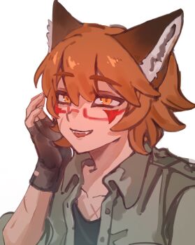 1boy :d animal_ears black_gloves black_shirt boyfriend_to_death commentary english_commentary facial_mark fangs fingerless_gloves fox_boy fox_ears fox_tail furry furry_male glasses gloves green_jacket grin highres jacket looking_at_viewer male_focus mwwsqqqq999 open_mouth orange_eyes orange_hair popped_collar ren_hana_(boyfriend_to_death) scar scar_on_arm scar_on_chest scar_on_face shirt short_hair smile solo tail variant_set