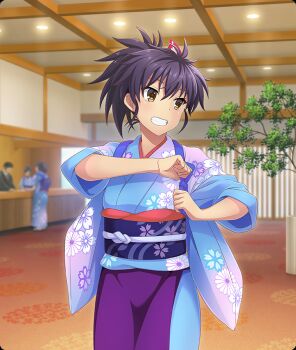 1boy 3girls blue_kimono blue_sash brown_eyes ceiling_light cowboy_shot desk dot_nose etou_minato floral_print floral_print_kimono game_cg grin hakama hands_up high_ponytail indoors japanese_clothes kimono looking_to_the_side multiple_girls nakai_(waitress) obi official_art plant ponytail potted_plant print_kimono purple_hair purple_hakama sash short_ponytail sidelocks smile solo_focus third-party_source toji_no_miko toji_no_miko:_kizamishi_issen_no_tomoshibi tree tying
