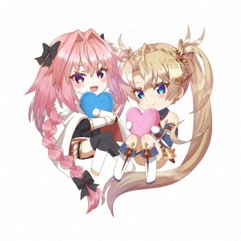 1boy 1girl adversarial_noise astolfo_(fate) bare_shoulders black_bow black_thighhighs blonde_hair blue_eyes bow bradamante_(fate) braid chibi chibi_only cloak cousins crossdressing crossdressing_(mtf) eyelashes fang fate/apocrypha fate/grand_order fate_(series) full_body fur-trimmed_cloak fur_trim gauntlets hair_bow hair_intakes heart highres holding holding_heart long_braid long_hair male_focus pink_hair purple_eyes red_cloak simple_background single_braid skin_fang smile tanutika thighhighs trap twintails two-tone_cloak very_long_hair watermark white_background white_cloak