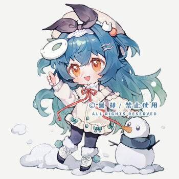 Rule 34 | 1girl, :d, black pantyhose, black ribbon, blue hair, boots, cardigan, chibi, chibi only, full body, fur-trimmed boots, fur trim, hair ribbon, hand up, hat, highres, knee boots, long hair, long sleeves, mingqi, neck ribbon, open mouth, original, pantyhose, red ribbon, ribbon, simple background, smile, snowman, solo, standing, watermark, white background, white boots, white cardigan, white hat, yellow eyes