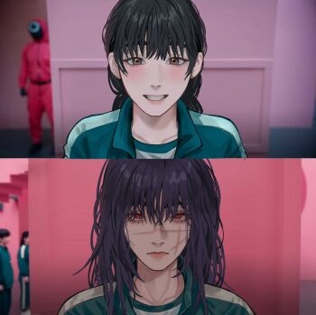 2girls before_and_after black_hair brown_eyes chainsaw_man commentary cross_scar facial_scar frown green_track_suit grin hashtag-only_commentary highres meme messy_hair mitaka_asa monhshur_r multiple_girls red_eyes ringed_eyes scar scar_on_cheek scar_on_face scar_on_nose smile squid_game track_suit year_1_&amp;_year_2_(squid_game)_(meme) yoru_(chainsaw_man)