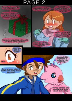 Rule 34 | 1boy, 1girl, absurdres, breasts, digimon, gift, highres, medium hair, nonoka girls, piyomon, scarf, takenouchi sora, yagami taichi