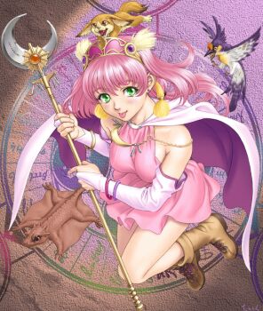 Rule 34 | 1990s (style), 1girl, animal request, ankle boots, artist name, bare shoulders, bird request, blush, boots, bracelet, breasts, bridal gauntlets, brown boots, cape, chain, character request, commentary request, copyright request, crescent, dress, dynamic pose, earrings, feet up heels up, floating clothes, floating hair, from above, full body, gem, gold bracelet, green eyes, hair ornament request, headwear request, holding, holding staff, jewelry, jumping, lace-up boots, large breasts, long hair, looking at viewer, mage staff, magic circle background, midair, multiple bracelets, no socks, orange gemstone, pink dress, pink hair, purple gemstone, purple trim, retro artstyle, signature, solo, staff, stud earrings, teiku (take), tongue, tongue out, two-sided cape, two-sided fabric, two-tone background, white bridal gauntlets, white cape, wizard