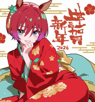 1girl 2026 amate_yuzuriha animal_ears aqua_eyes blush commentary_request fuji_(f_ukkami) grin gundam gundam_gquuuuuux hair_ornament highres horse_ears horse_girl japanese_clothes kemonomimi_mode kimono looking_at_viewer new_year red_hair red_kimono short_hair smile solo