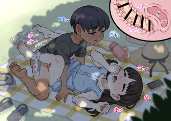 1boy 1girl backpack bag bar_censor barefoot black_hair black_shirt blue_dress bottle bottomless breasts cellphone censored commentary_request cross-section dress foreskin half-closed_eyes hat hetero kodomo_doushi loli long_hair lower_teeth_only lying mimi_(pixiv51030577) missionary on_back open_mouth original outdoors paid_reward_available panties panties_around_leg penis phimosis phone picnic pink_bag sex shirt short_hair short_sleeves shota small_breasts smartphone soles sound_effects straw_hat sweat teeth toes underwear unworn_backpack unworn_bag unworn_footwear uterus water_bottle white_panties