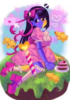 1girl black_hair blue_skin blunt_bangs cake cake_slice candle colored_skin dress ena_(ena) ena_(series) ena_(species) ena_(web_series) envelope food highres hourglass_dog lolita_fashion low_poly mask_(ena) multicolored_skin pink_dress sad_ena split-color_skin two-tone_skin usagimarumei yellow_skin