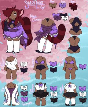 absurdres amulet animal_ears bikini black_footwear blouse breasts bridal_gauntlets bright_pupils choker cleavage_cutout clothing_cutout cyn_(sarzelight) dark-skinned_female dark_skin fluffy hair_over_one_eye heart heart-shaped_pupils highres large_breasts leotard leotard_under_clothes long_hair long_sleeves maid multiple_ribbons mxmisstyc original oversized_clothes oversized_shirt panties purple_eyes purple_outfit raccoon_girl raccoon_tail red_hair reference_sheet ribbon ring_patterned_tail robe school_uniform shirt skirt socks swimsuit symbol-shaped_pupils tail tank_top tanuki_ears underwear white_pupils white_socks