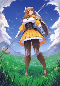 Rule 34 | 1girl, absurdres, black corset, breasts, brown eyes, brown hair, cleavage, corset, deliciousbrain, dress, fire emblem, fire emblem engage, from below, goldmary (fire emblem), grass, highres, holding, holding polearm, holding weapon, knee guards, large breasts, looking at viewer, nintendo, pantyhose, polearm, shield, sky, smile, solo, weapon, yellow dress