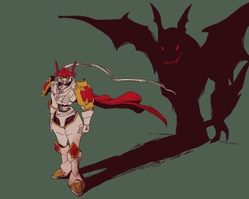 Rule 34 | armor, cape, different shadow, digimon, digimon (creature), digimon tamers, digital hazard, dragon, dual persona, dukemon, full armor, green background, helmet, highres, knight, looking at viewer, megidramon, red cape, red helmet, shadow, simple background, ten (prop03), two-tone helmet, white armor, white helmet, yellow eyes