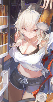 1girl absurdres ahoge alternate_costume bare_shoulders black_horns black_shorts breasts can chinese_commentary cleavage closed_mouth collarbone commentary_request crop_top curled_horns drink_can earrings grey_hair hair_between_eyes highres holding holding_can horns indoors jewelry key_earrings long_hair looking_at_viewer medium_breasts mole mole_under_eye red_eyes refrigerator shin_oooooo shirt shorts solo strap_slip white_shirt wuthering_waves zani_(wuthering_waves)