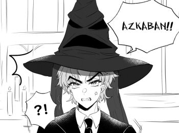 Rule 34 | 1boy, anger vein, birthmark, candle, clenched teeth, commentary request, crossover, dio brando, greyscale, jojo no kimyou na bouken, male focus, monochrome, necktie, phantom blood, portrait, sorting hat, teeth, toubun teikou, wizarding world