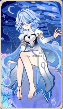 1girl absurdres anklet aoyechen barefoot blue_eyes blue_hair bubble closed_mouth commentary_request dress drop-shaped_pupils feet fish flower focalors_(genshin_impact) full_body genius_invokation_tcg_(style) genshin_impact hair_between_eyes highres jewelry long_hair long_sleeves looking_at_viewer multicolored_hair seafloor sitting smile solo streaked_hair symbol-shaped_pupils watermark white_dress white_hair