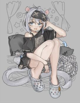 1girl animal_ears black_shirt blue_eyes clauvio_(vtuber) commentary crocs english_commentary full_body girutea grey_background grey_hair highres indie_virtual_youtuber knees_up looking_at_viewer mouse_ears mouse_girl mouse_tail pillow shirt short_hair shorts sitting sleep_mask solo sweat tail virtual_youtuber