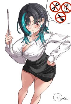 1girl absurdres alternate_costume aqua_hair artist_logo bare_legs black_hair black_skirt blush breasts cleavage collarbone collared_shirt commentary_request earrings glasses hand_on_own_hip highres holding holding_pointer hololive hololive_dev_is inokeiwd jewelry large_breasts leaning_forward logo looking_at_viewer medium_hair multicolored_hair pencil_skirt pointer red_eyes rindo_chihaya shirt shirt_tucked_in signature simple_background skirt smile solo spoken_no_symbol spoken_object streaked_hair teacher thighs virtual_youtuber white_background white_hair white_shirt
