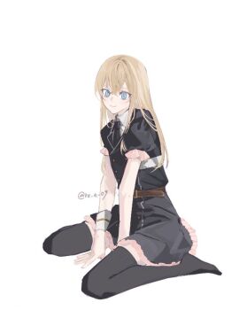 Rule 34 | 1boy, androgynous, between legs, black dress, black thighhighs, blonde hair, blue eyes, closed mouth, commentary request, crossed bangs, double-parted bangs, dress, eyelashes, frilled sleeves, frills, full body, hand between legs, hands on floor, long hair, looking at viewer, male focus, midare toushirou, raised inner eyebrows, re e 09, short sleeves, simple background, sitting, smile, solo, straight hair, thighhighs, touken ranbu, trap, twitter username, wariza, white background