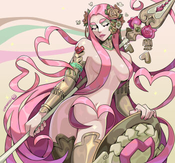 1girl aphrodite_(hades) arm_armor artist_name caranvolo closed_eyes commentary english_commentary flower hades_(series) hair_censor hair_flower hair_ornament highres holding holding_polearm holding_shield holding_weapon long_hair navel nude pink_hair polearm shield solo very_long_hair weapon