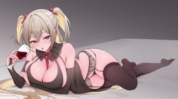 1girl absurdres arm_under_breasts bare_shoulders black_dress black_panties bow bowtie breasts bridal_gauntlets brown_thighhighs cleavage cup dress drinking_glass garter_belt grey_hair hair_ribbon highres holding holding_cup large_breasts long_hair looking_at_viewer lying no_shoes on_stomach original panties pelvic_curtain rable red_eyes ribbon second-party_source sidelocks skindentation sleeveless sleeveless_dress solo string_panties thighhighs tongue tongue_out two_side_up underwear very_long_hair wine_glass