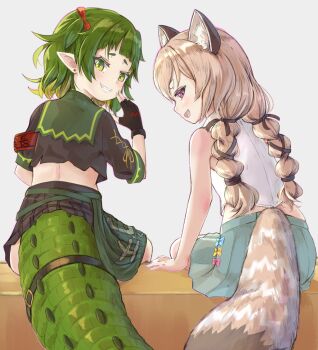 Rule 34 | 2girls, animal ear fluff, animal ears, armband, ass, black shirt, black skirt, brown hair, closed mouth, crocodile girl, crocodilian tail, fingerless gloves, gloves, green eyes, green hair, green sailor collar, green skirt, green tail, grin, hair ornament, highres, hikari niji, indie virtual youtuber, komachi panko, looking back, multiple girls, nitya nil, open mouth, phase connect, pink eyes, pointy ears, red armband, red panda ears, red panda girl, red panda tail, sailor collar, sharp teeth, shirt, short eyebrows, simple background, sitting, skirt, smile, tail, teeth, thick eyebrows, thick tail, twintails, virtual youtuber, white shirt