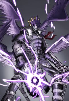 Rule 34 | 1boy, absurdres, arm cannon, beelzebumon, beelzebumon blast mode, belt, black jacket, black pants, black wings, blonde hair, boots, chiyu (user hrwu2257), closed eyes, colored skin, commentary request, covered abs, digimon, digimon (creature), digimon tamers, electricity, energy, energy ball, extra eyes, feathered wings, fur-trimmed jacket, fur trim, green eyes, grey background, grey skin, highres, jacket, looking at viewer, male focus, mask, multiple belts, multiple wings, muscular, open clothes, open jacket, pants, partial commentary, red scarf, scarf, short hair, simple background, sketch, solo, spiked hair, tail, weapon, wings