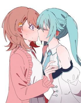 2girls aqua_hair aqua_necktie aqua_trim bare_shoulders blush brown_hair cardigan closed_eyes collared_shirt commentary detached_sleeves dress face-to-face flower from_side grey_eyes grey_skirt hair_behind_ear hair_between_eyes hair_flower hair_ornament hanasato_minori hand_up hatsune_miku highres kiss long_hair long_sleeves looking_at_another medium_hair more_more_jump!_miku multiple_girls necktie open_cardigan open_clothes pink_cardigan pleated_skirt profile project_sekai puffy_sleeves shirt sidelocks simple_background skirt sleeveless sleeveless_dress surprise_kiss surprised sweat teacrown twintails twintails_with_braided_base twitter_username upper_body vocaloid white_background white_dress white_shirt white_sleeves wide-eyed yuri