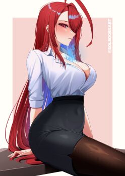 Rule 34 | 1girl, absurdres, ahoge, alternate costume, black pantyhose, black skirt, blue fire, blue hair, breasts, collared shirt, colored inner hair, commentary, covered navel, dress shirt, elizabeth rose bloodflame, english commentary, fire, fire on chest, hair over one eye, high-waist skirt, highres, hololive, hololive english, huge ahoge, large breasts, long hair, looking at viewer, miniskirt, multicolored hair, office lady, pantyhose, partially unbuttoned, pencil skirt, red eyes, red hair, shirt, shirt tucked in, sidelocks, sitting, skirt, solevisionarts, solo, three-quarter sleeves, very long hair, virtual youtuber, white shirt