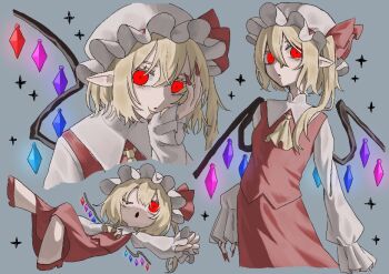 1girl ascot blonde_hair commentary crystal_wings deformed expressionless fingernails flandre_scarlet frilled_hat frilled_sleeves frills grey_background hair_between_eyes hair_ribbon hand_on_own_face hat juliet_sleeves long_fingernails long_hair long_sleeves lying mob_cap multiple_views nail_polish negau on_back one_eye_closed one_side_up parted_lips pointy_ears puffy_sleeves red_eyes red_nails red_shoes red_vest ribbon shirt shoes simple_background symbol-only_commentary touhou vest white_hat white_shirt wings yellow_ascot