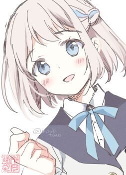 1girl blue_eyes blue_ribbon blush braid collared_shirt commentary gakuen_idolmaster grey_hair hair_ribbon half_up_braid hatsuboshi_gakuen_school_uniform highres idolmaster jacket katsuragi_lilja looking_at_viewer mizuki_toko neck_ribbon open_mouth ribbon ribbon_braid school_uniform seal_impression shirt short_hair simple_background smile solo twitter_username upper_body white_background white_shirt