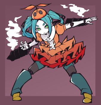 1girl akableak blue_hair dress green_eyes highres looking_at_viewer monogatari_(series) ononoki_yotsugi puffy_short_sleeves puffy_sleeves short_sleeves solo thick_eyebrows twintails