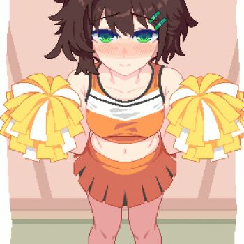 1boy 1girl animated animated_gif blush breasts brown_hair cheerleader closed_mouth clothes_in_mouth clothes_lift commentary_request disembodied_hand feet_out_of_frame green_eyes hair_ornament hairclip hands_up hanekenomichi-chan holding holding_pom_poms hurumero lifting_another's_clothes lifting_own_clothes looking_at_viewer medium_breasts mouth_hold navel nipple_flick nipple_stimulation nipples nose_blush orange_skirt orange_sports_bra original paid_reward_available parallel_hairclips pleated_skirt pom_pom_(cheerleading) pom_poms shirt_lift short_hair skirt solo_focus sports_bra standing underboob