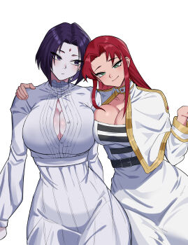 2girls absurdres arm_around_shoulder arms_at_sides breasts cleavage cleavage_cutout clothing_cutout commentary cosplay dc_comics dress english_commentary eyes_visible_through_hair fern_(sousou_no_frieren) fern_(sousou_no_frieren)_(cosplay) fingernails frieren frieren_(cosplay) green_eyes hair_between_eyes highres large_breasts light_blush light_smile long_hair looking_at_viewer looking_to_the_side mg991998 multiple_girls nail_polish narrow_waist purple_eyes raven_(dc) red_hair short_hair side-by-side sidelocks sousou_no_frieren starfire teen_titans upper_body white_background white_dress wide_hips